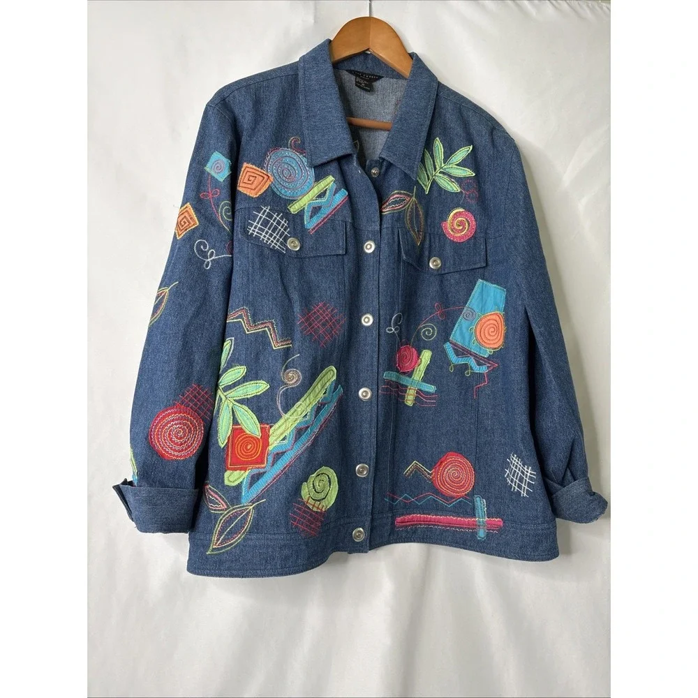 Anne Carson Blue Denim Jean Jacket Women's 3X‎ Embroidered Colorful Abstract